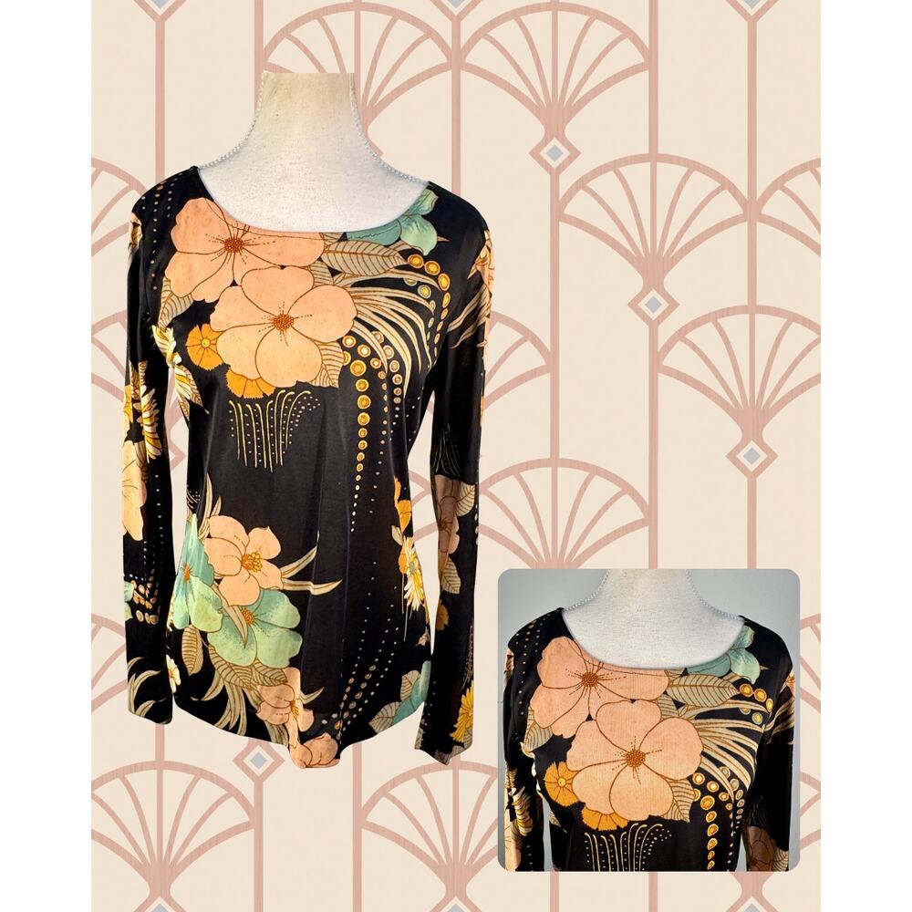 Vintage 70s Gina Di Roma Art Deco Floral Long Sleeve Scarf and Shirt Set  Size M